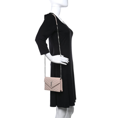 Saint Laurent Grain De Poudre Matelasse Chevron Monogram Envelope Chain Wallet Marble Pink 3 of 8