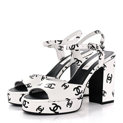 Chanel Printed Lambskin Coco Beach Platform Sandals 38.5 White Black 3 of 10