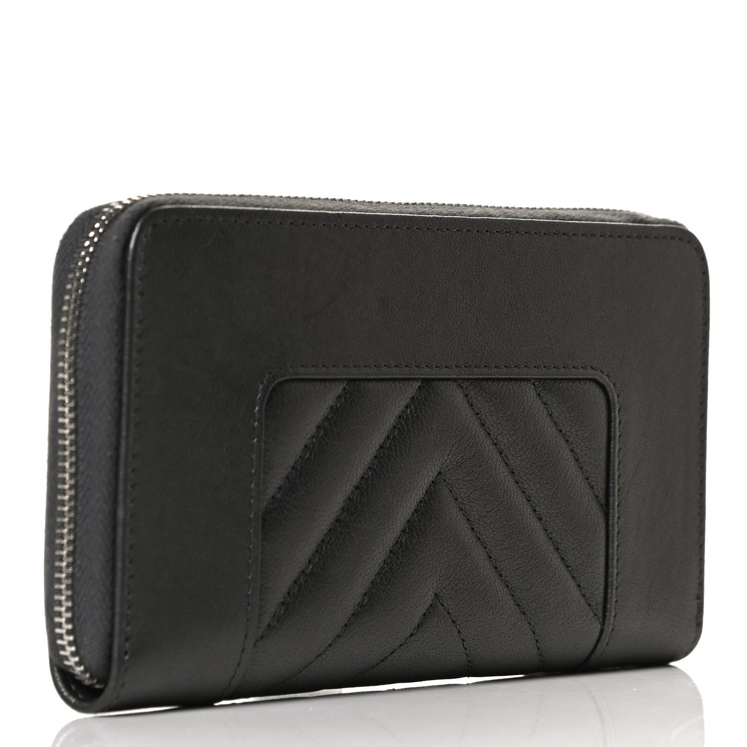 Chanel Sheepskin Chevron Quilted Mademoiselle Vintage Zip Around Wallet Grey 3 of 12