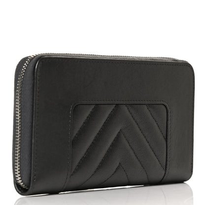 Chanel Sheepskin Chevron Quilted Mademoiselle Vintage Zip Around Wallet Grey 3 of 12