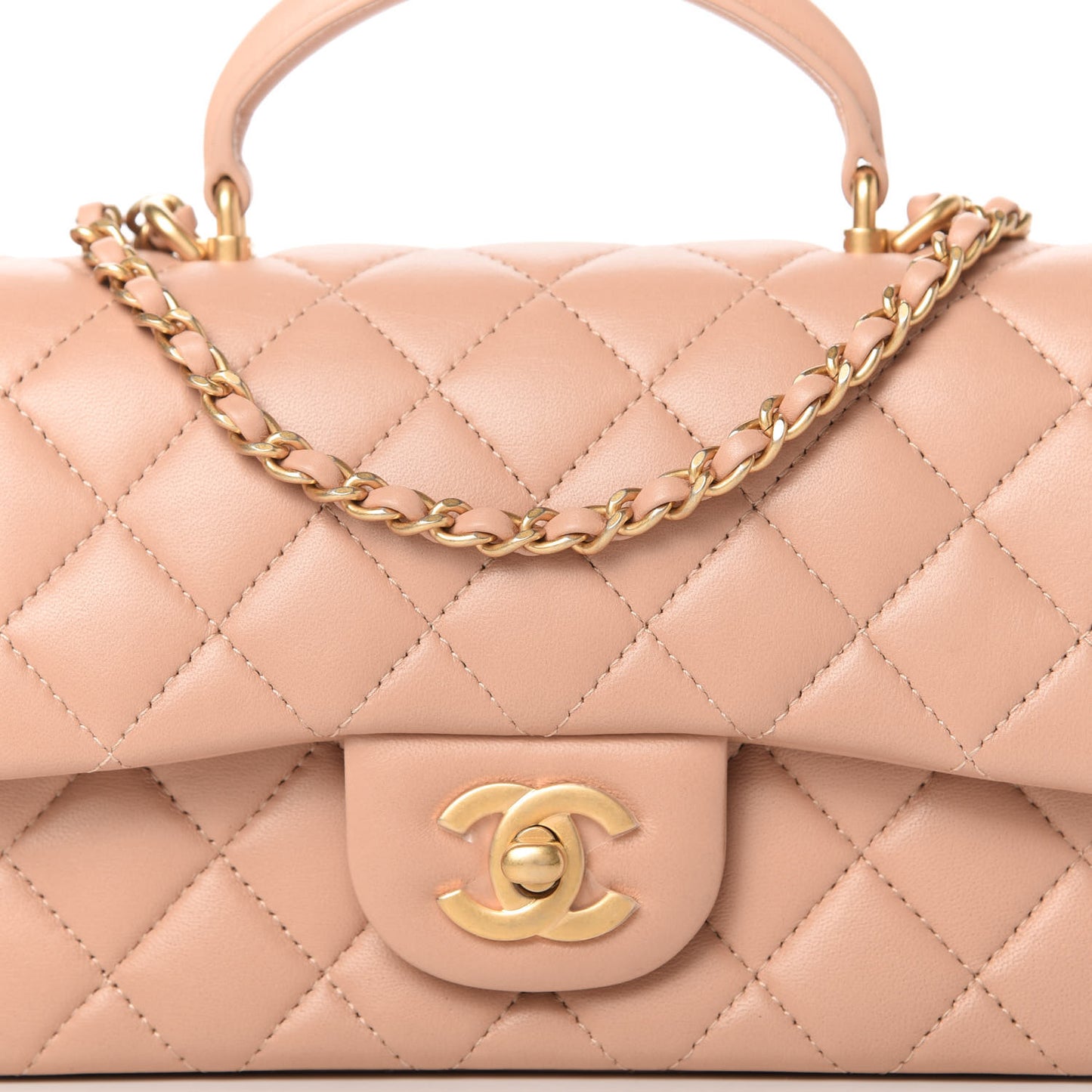 Lambskin Quilted Mini Top Handle Rectangular Flap Beige