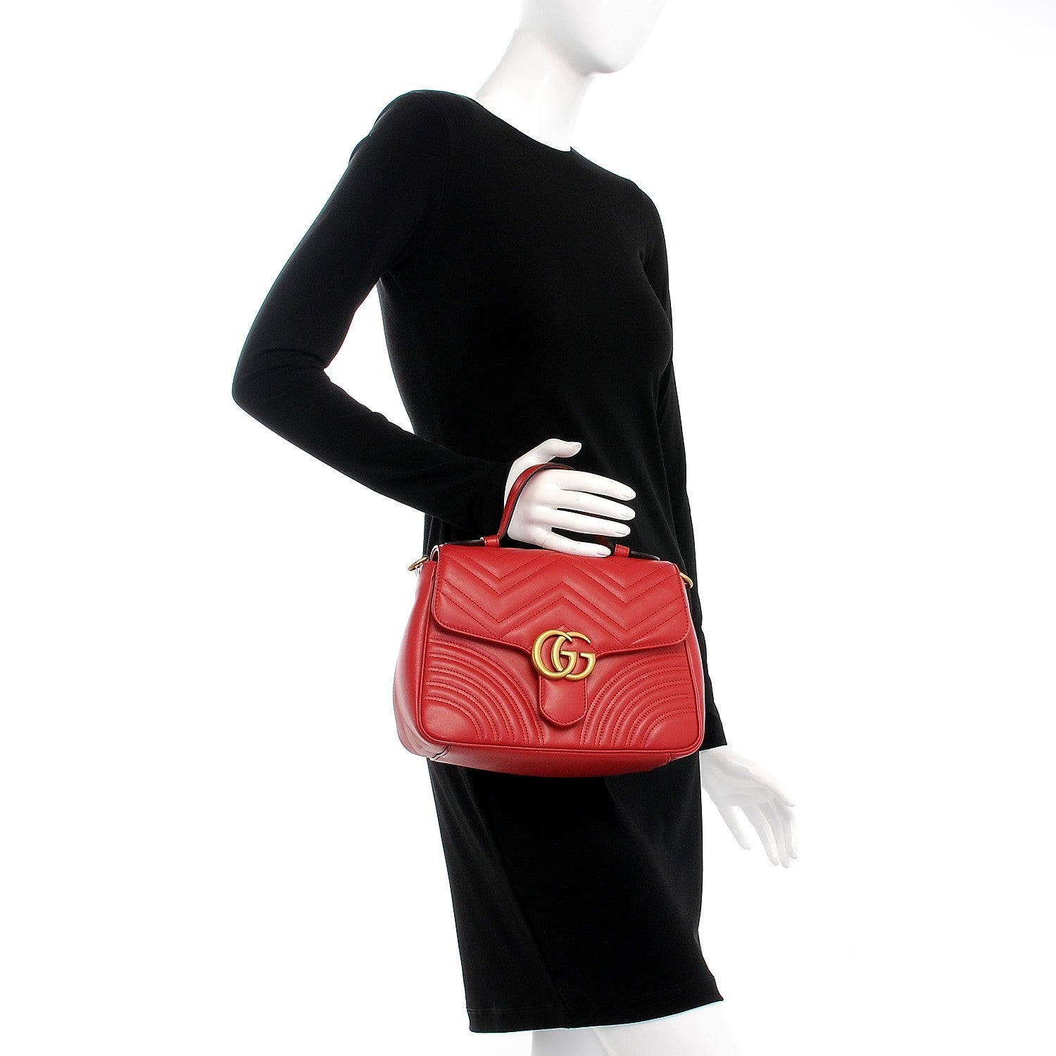 Gucci Calfskin Matelasse Small GG Marmont Top Handle Shoulder Bag Hibiscus Red 3 of 9