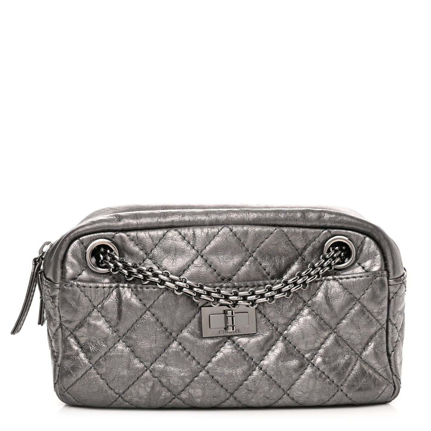Metallic Aged Calfskin Quilted Small Reissue Camera Case Dark Silver