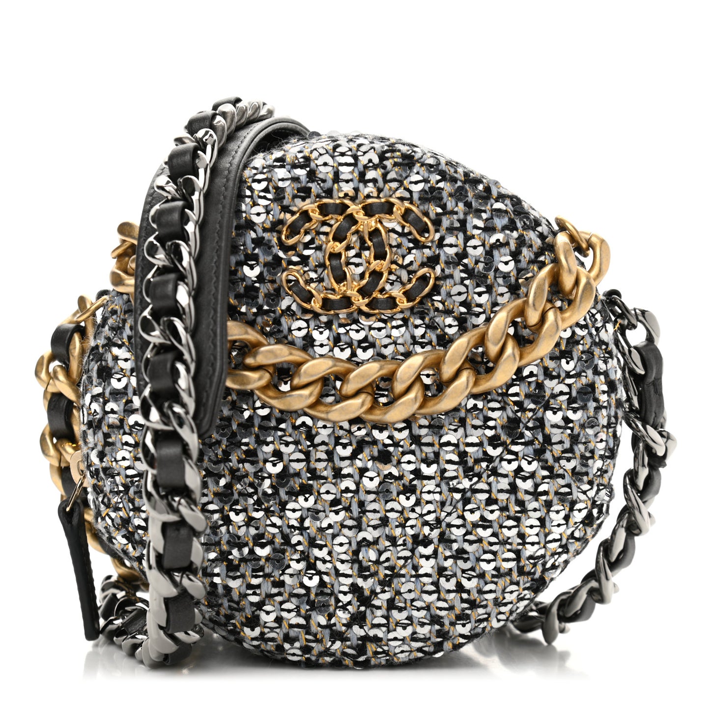Sequin Chanel 19 Round Clutch With Chain Silver Black