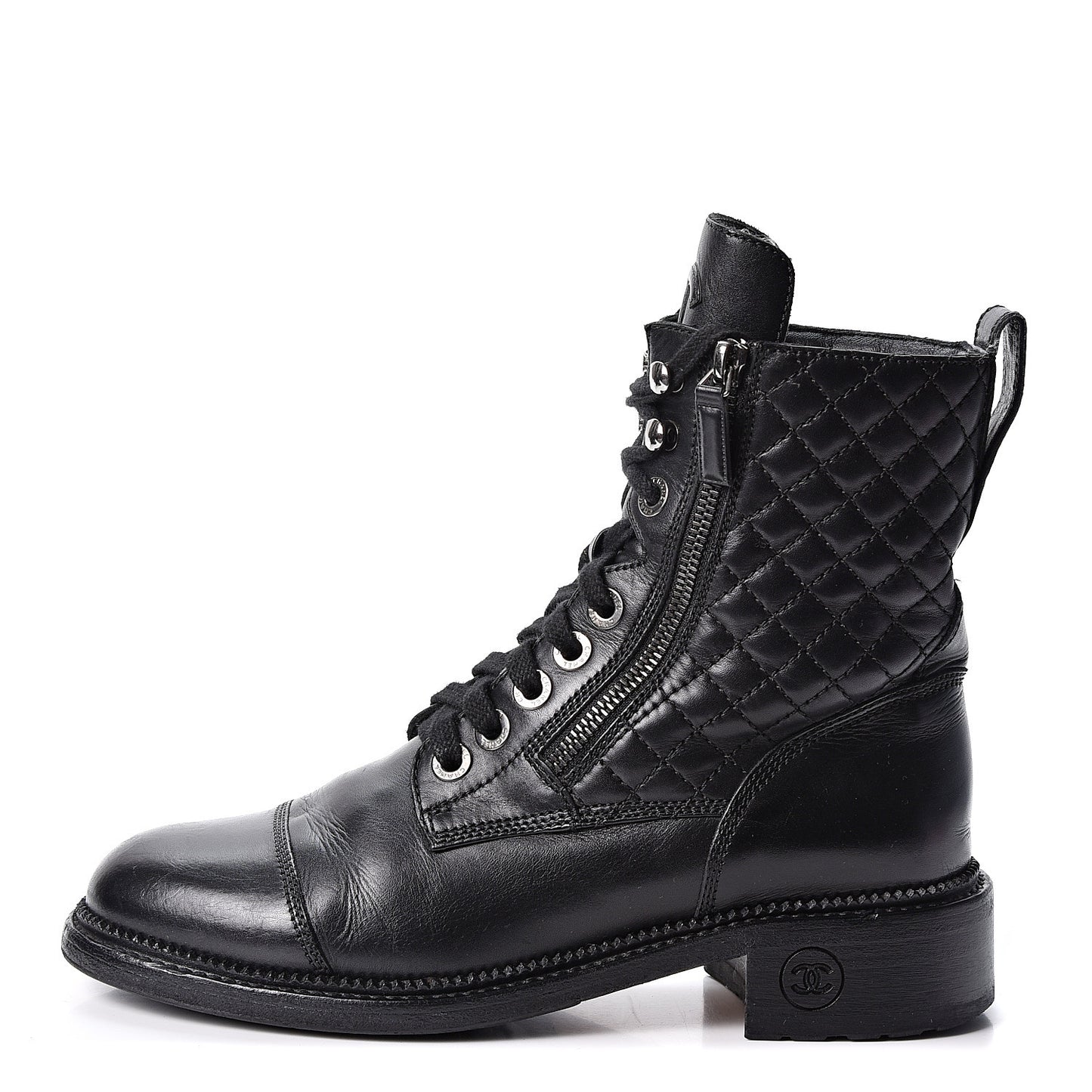 Calfskin Quilted Lace Up Combat Boots 38.5 Black