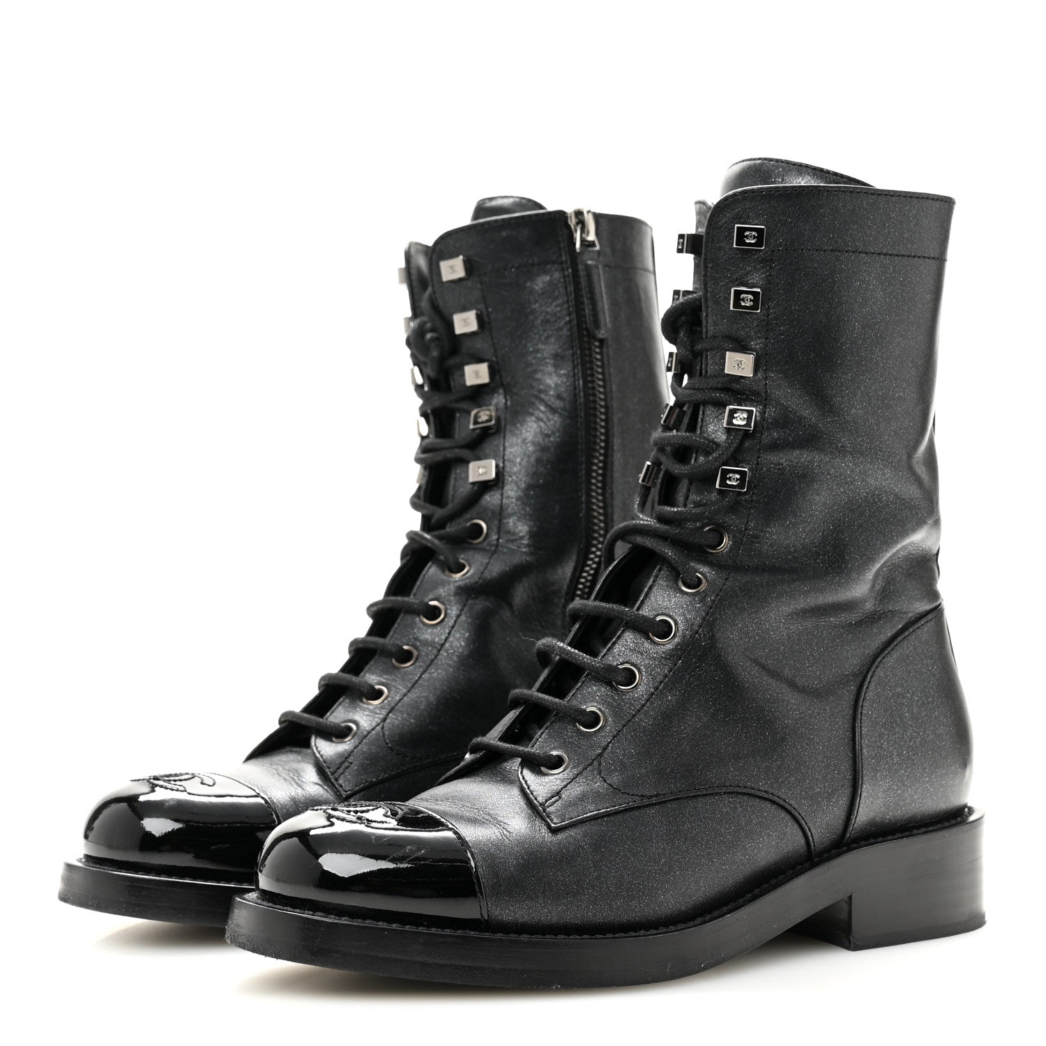 Chanel Iridescent Calfskin Patent Cap Toe Lace Up Combat Boots 38 Black 4 of 11