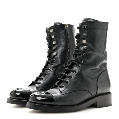 Chanel Iridescent Calfskin Patent Cap Toe Lace Up Combat Boots 38 Black 4 of 11