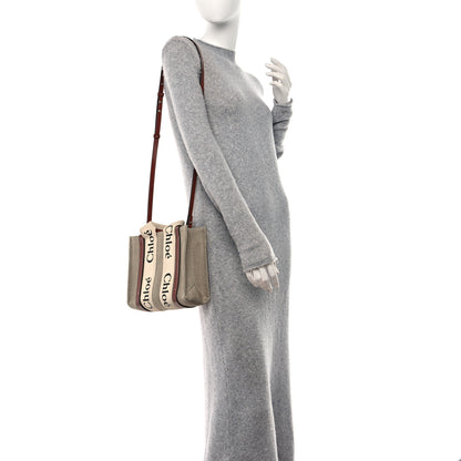 Chloe Linen Calfskin Small Woody Ribbon Tote With Strap White Brown 2 of 9