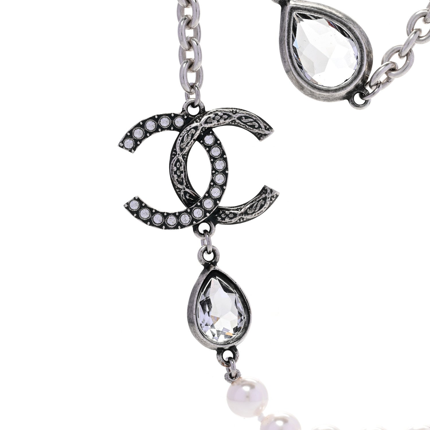 Chanel Pearl Crystal CC Long Necklace Silver 4 of 6