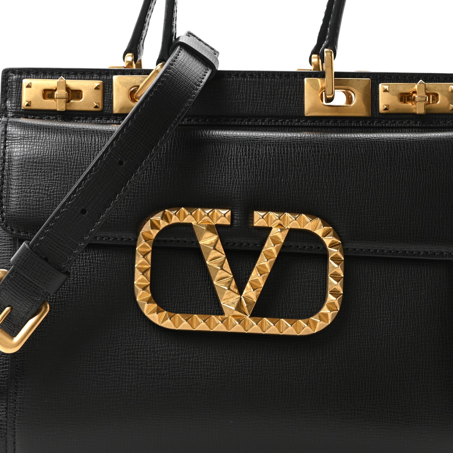 Grainy Calfskin Rockstud Medium Alcove Top-Handle Bag Black