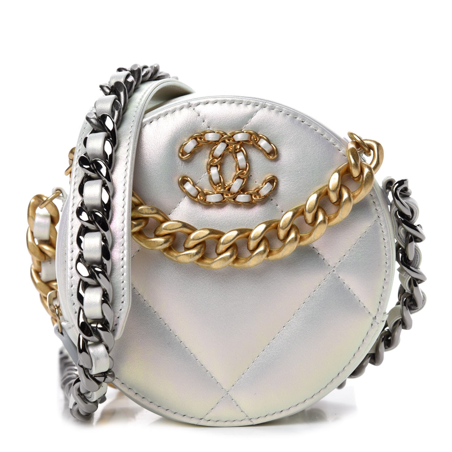 Chanel Iridescent Calfskin Quilted 19 Round Clutch With Chain White 1 of 10