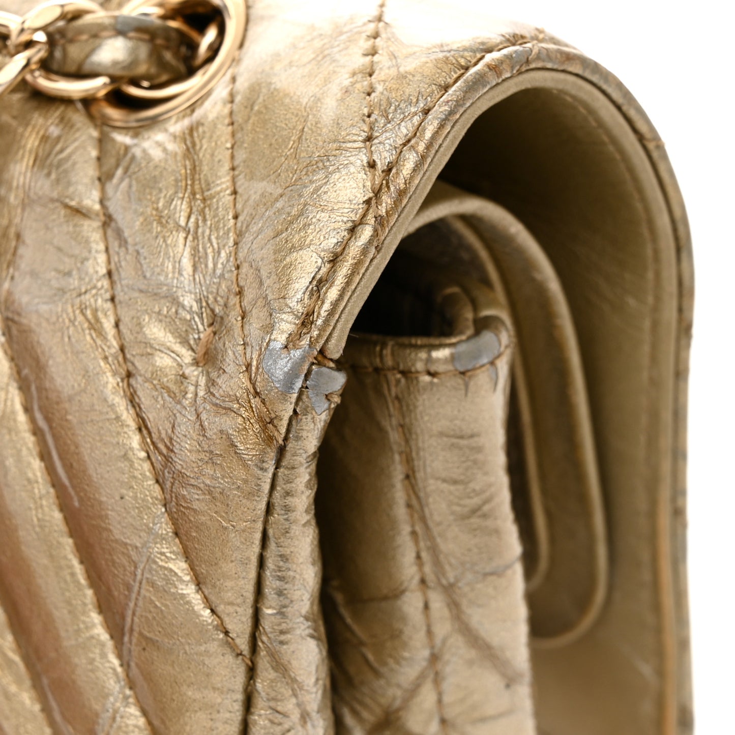 Metallic Patent Crumpled Calfskin Chevron Quilted Medium Double Flap Gold