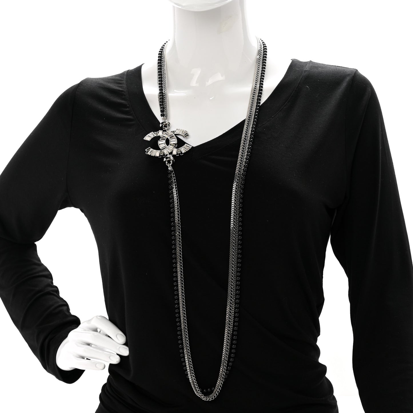 Metal Crystal Baguette Beaded CC Multi Strand Long Necklace Silver Black
