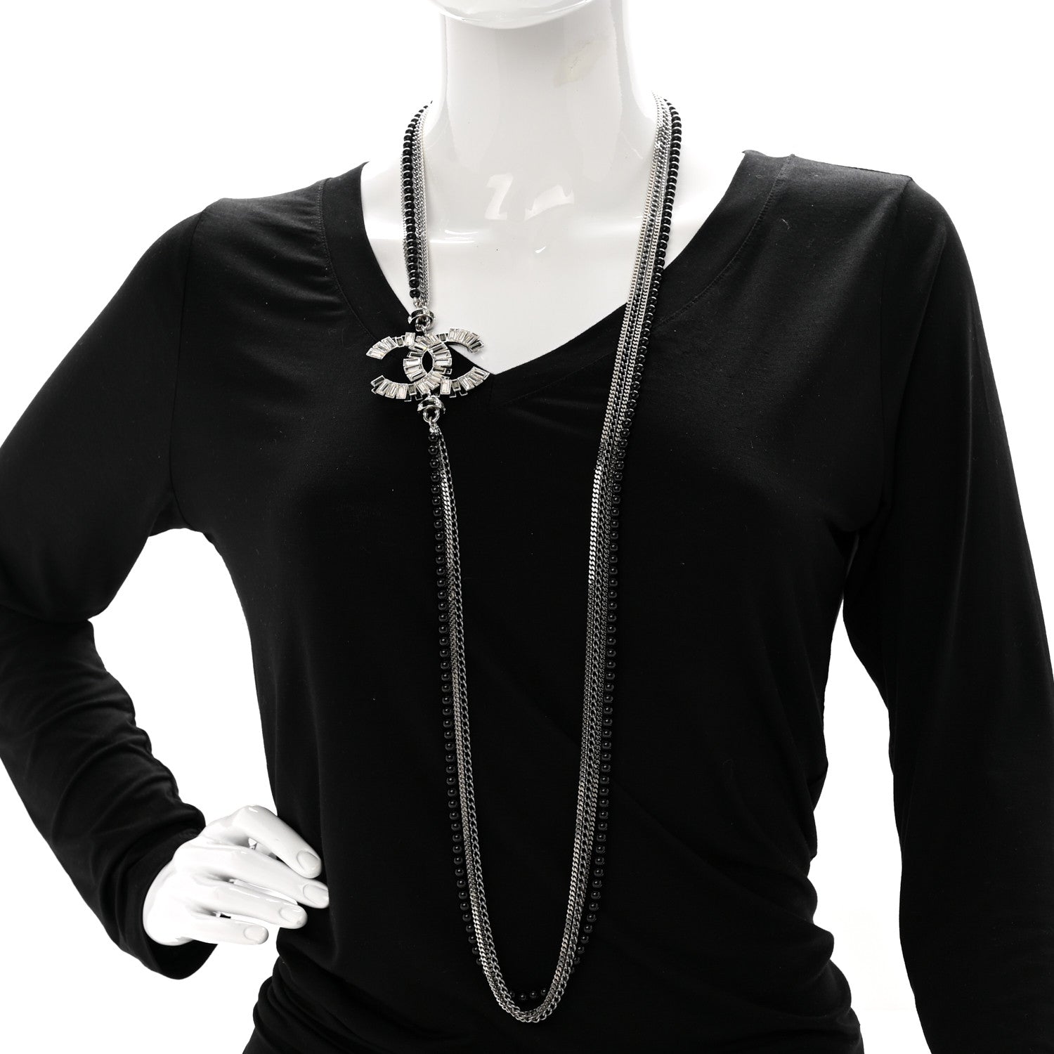 Chanel Metal Crystal Baguette Beaded CC Multi Strand Long Necklace Silver Black 2 of 6