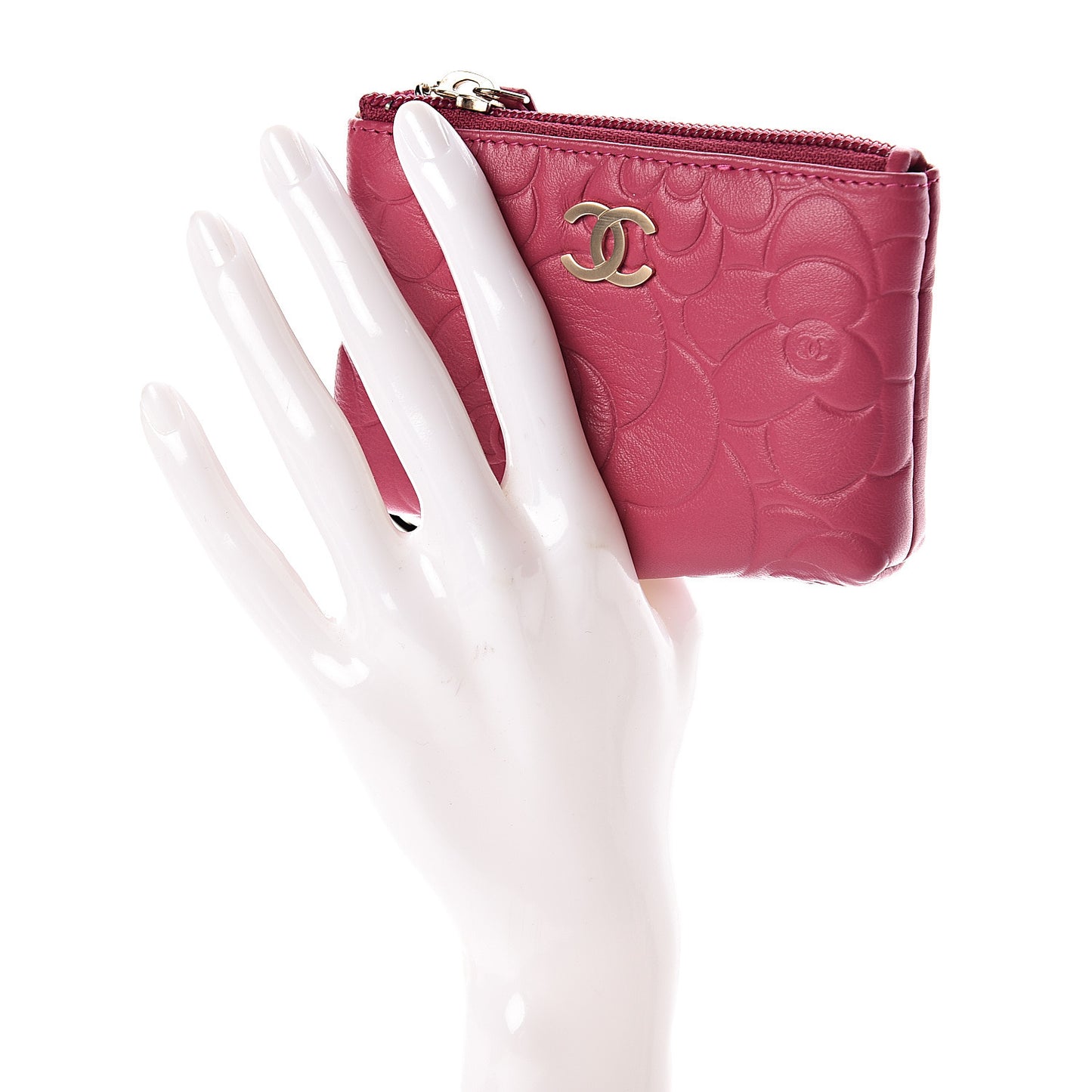Lambskin Camellia Embossed Key Holder Case Fuchsia