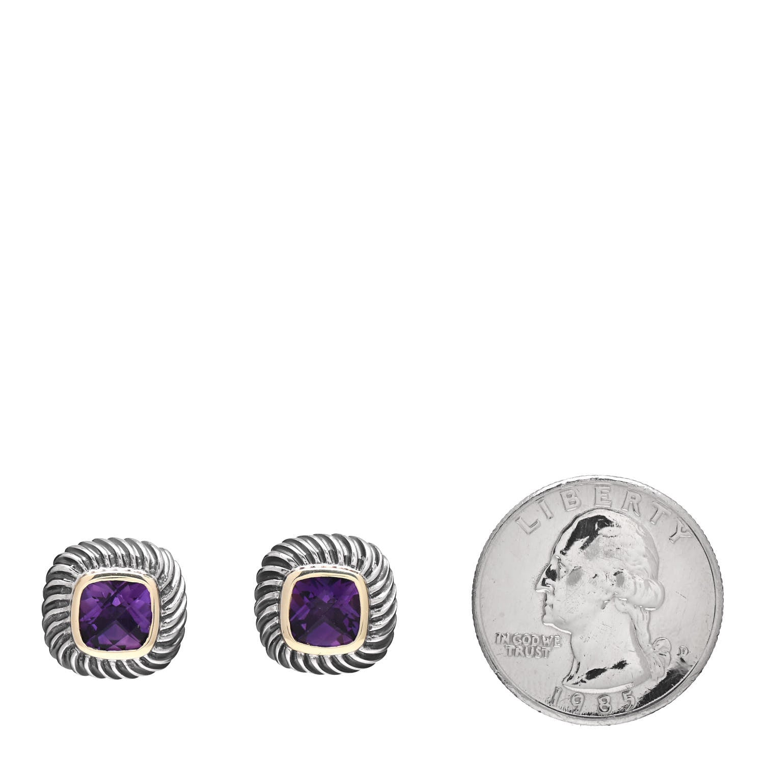David Yurman Sterling Silver 14K Yellow Gold Amethyst 7mm Albion Earrings 2 of 5