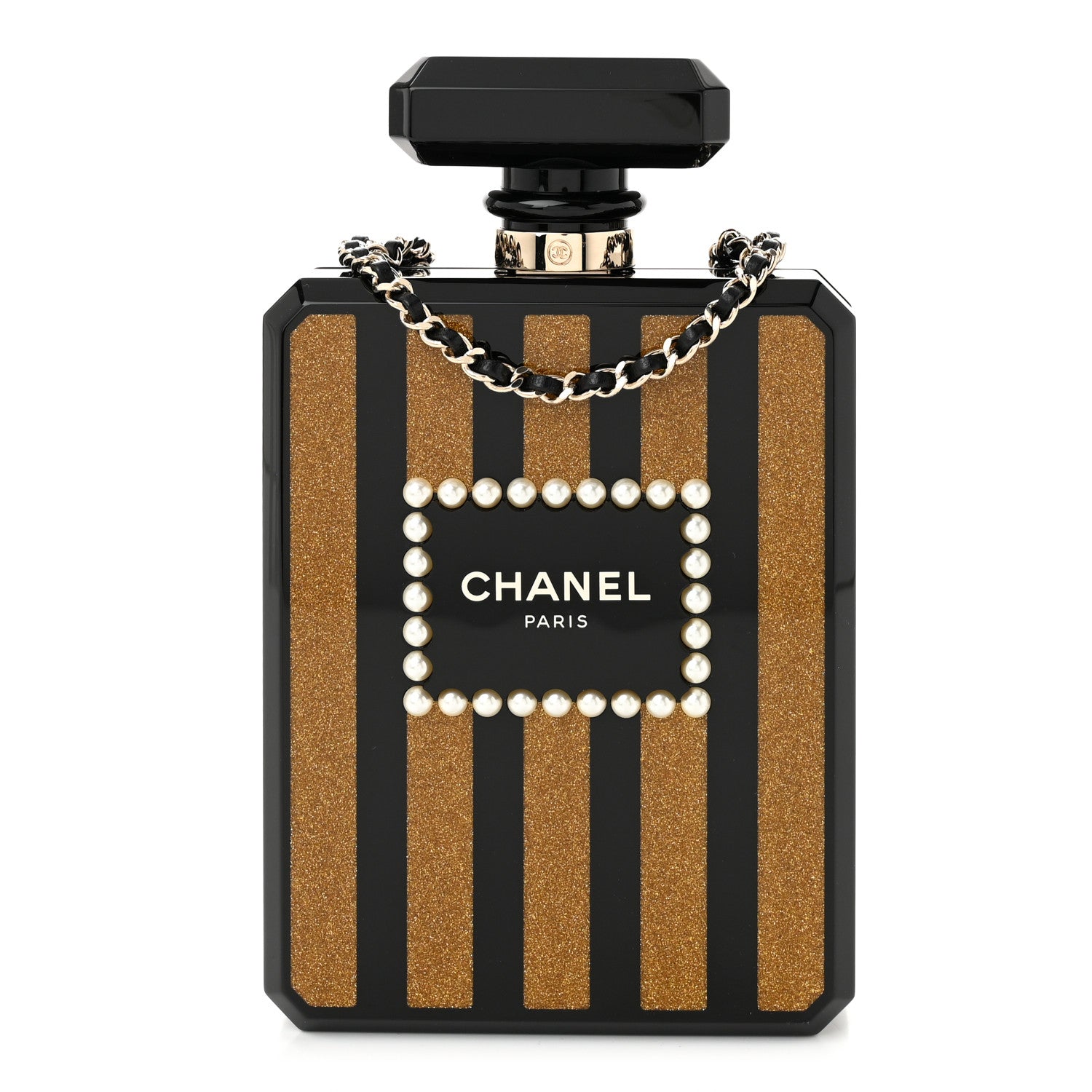 Chanel Plexiglass Perfume Bottle Clutch Black Gold 1 of 11