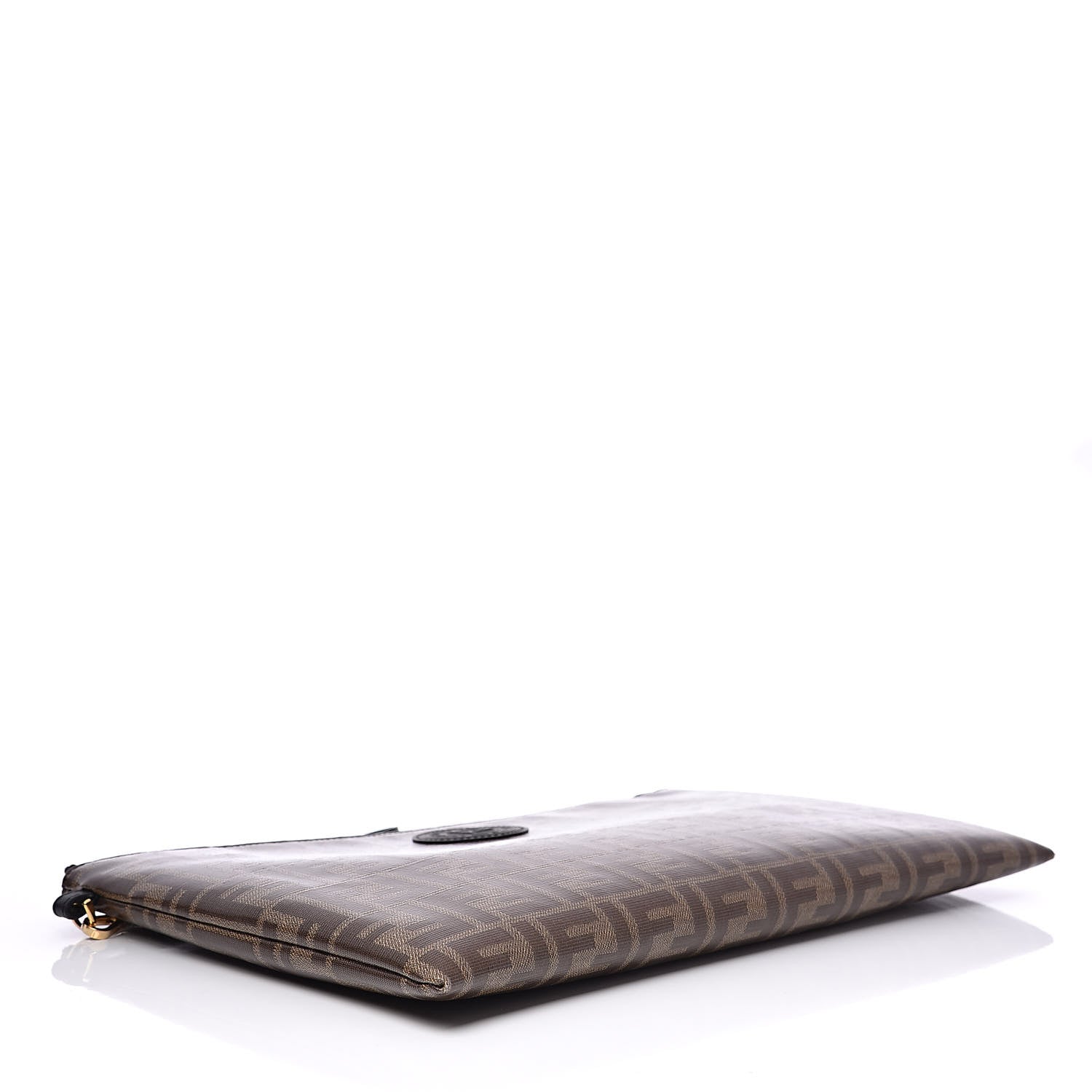 Fendi Glazed Fabric Vitello Century FF 1974 Stamp Patch Large Flat Pouch Mogano Panna Black 4 of 7