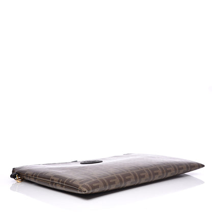 Fendi Glazed Fabric Vitello Century FF 1974 Stamp Patch Large Flat Pouch Mogano Panna Black 4 of 7