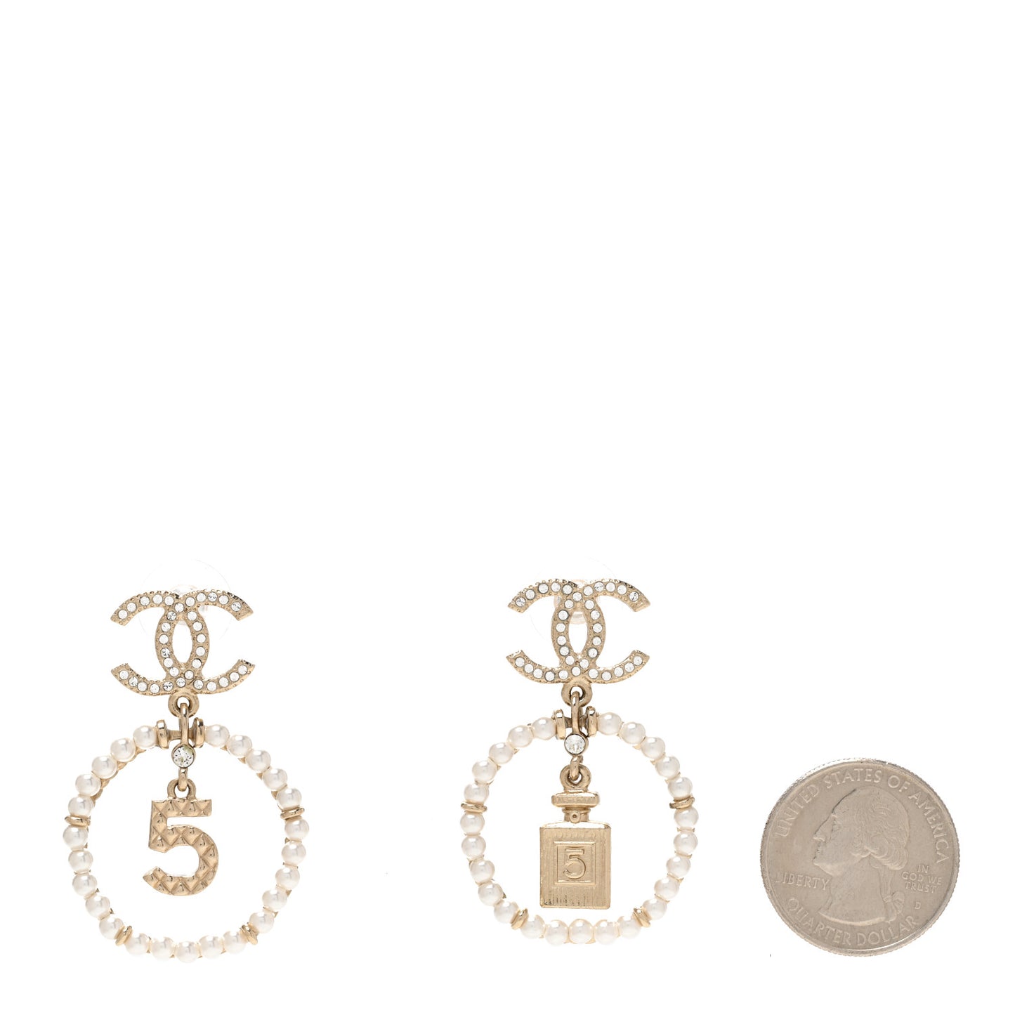 Crystal Pearl Chanel Charms CC Drop Earrings Gold