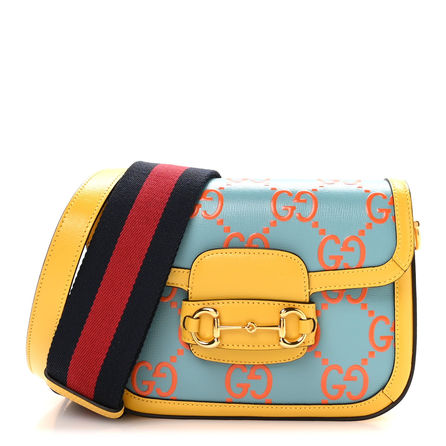 Gucci Azalea Calfskin GG Monogram Bi-Color Debossed Mini Horsebit 1955 Shoulder Bag Dusty Azure Stone Topaz Deep Orange 1 of 10