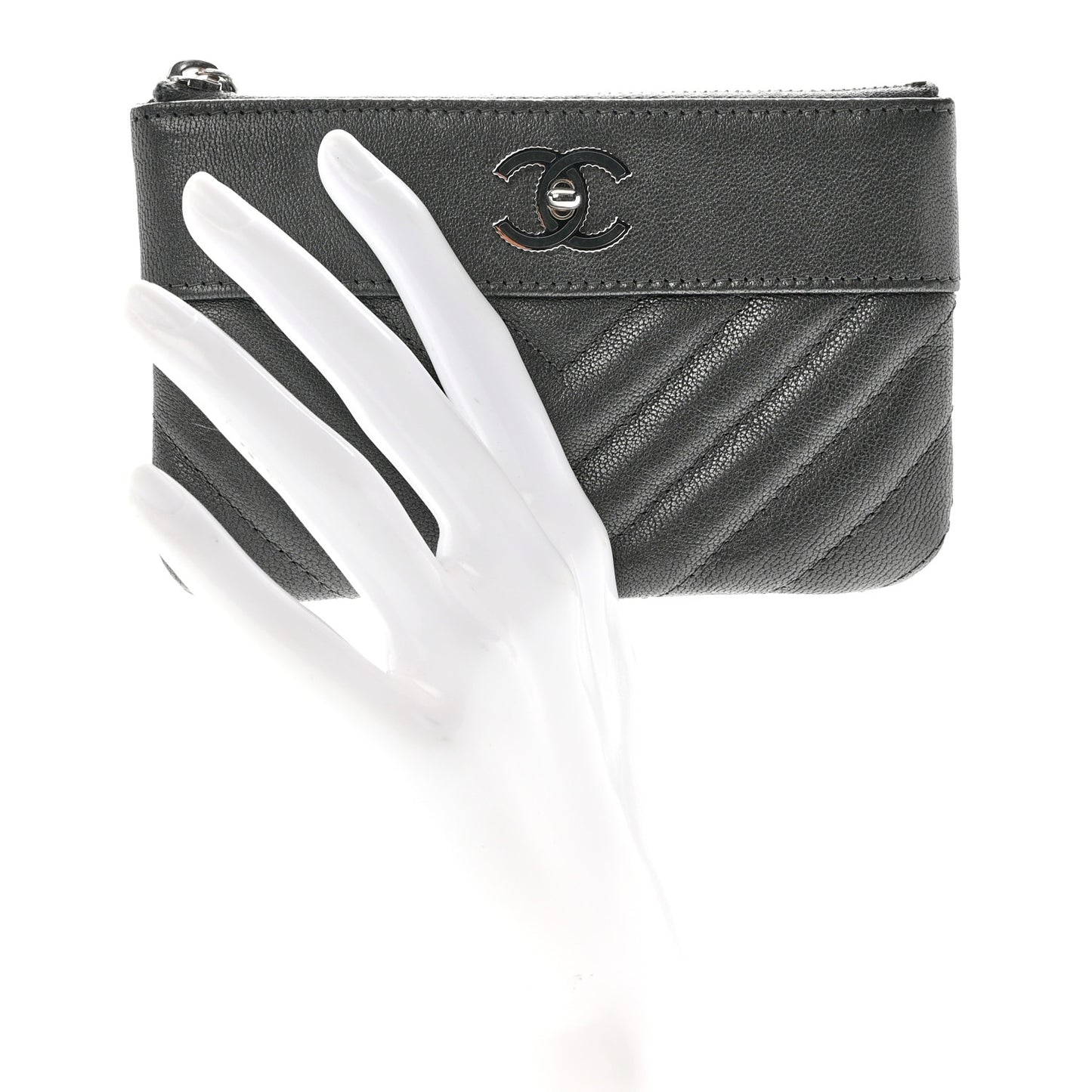 Metallic Sheepskin Chevron Quilted Small Vintage Mademoiselle Cosmetic Case Dark Grey