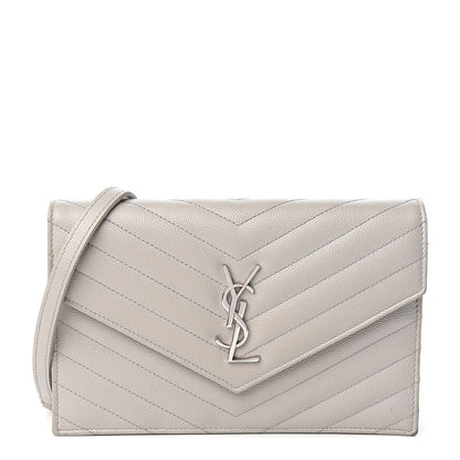 Saint Laurent Grain De Poudre Matelasse Chevron Monogram Envelope Chain Wallet Fog 1 of 12