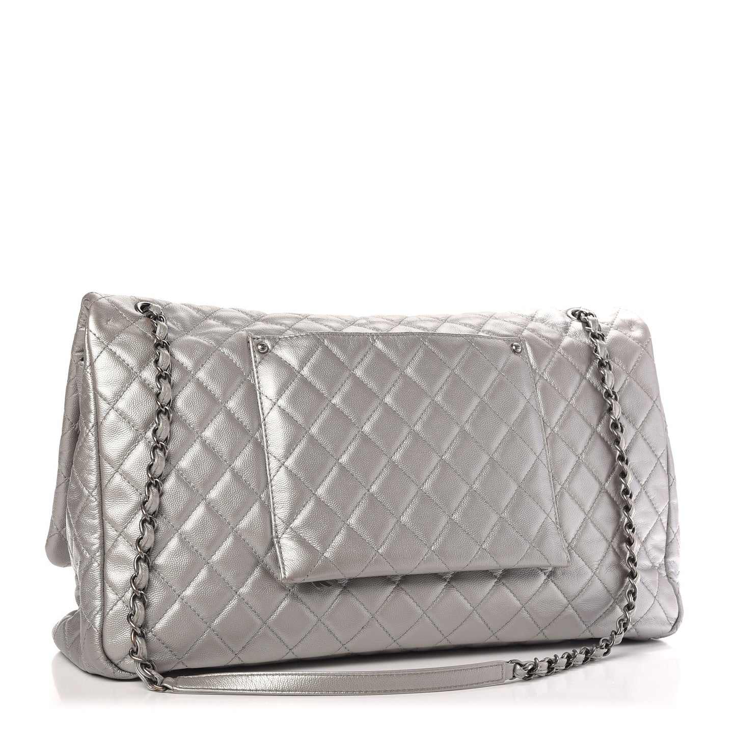 Metallic Caviar Quilted XXL Travel Flap Bag Silver
