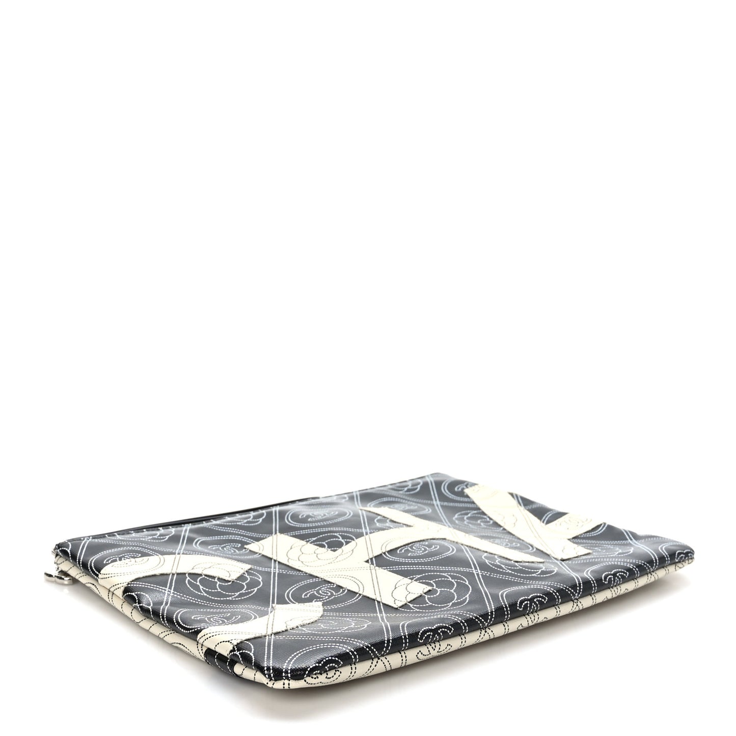 Coated Canvas Calfskin Camellia Printed Pouch Black Beige