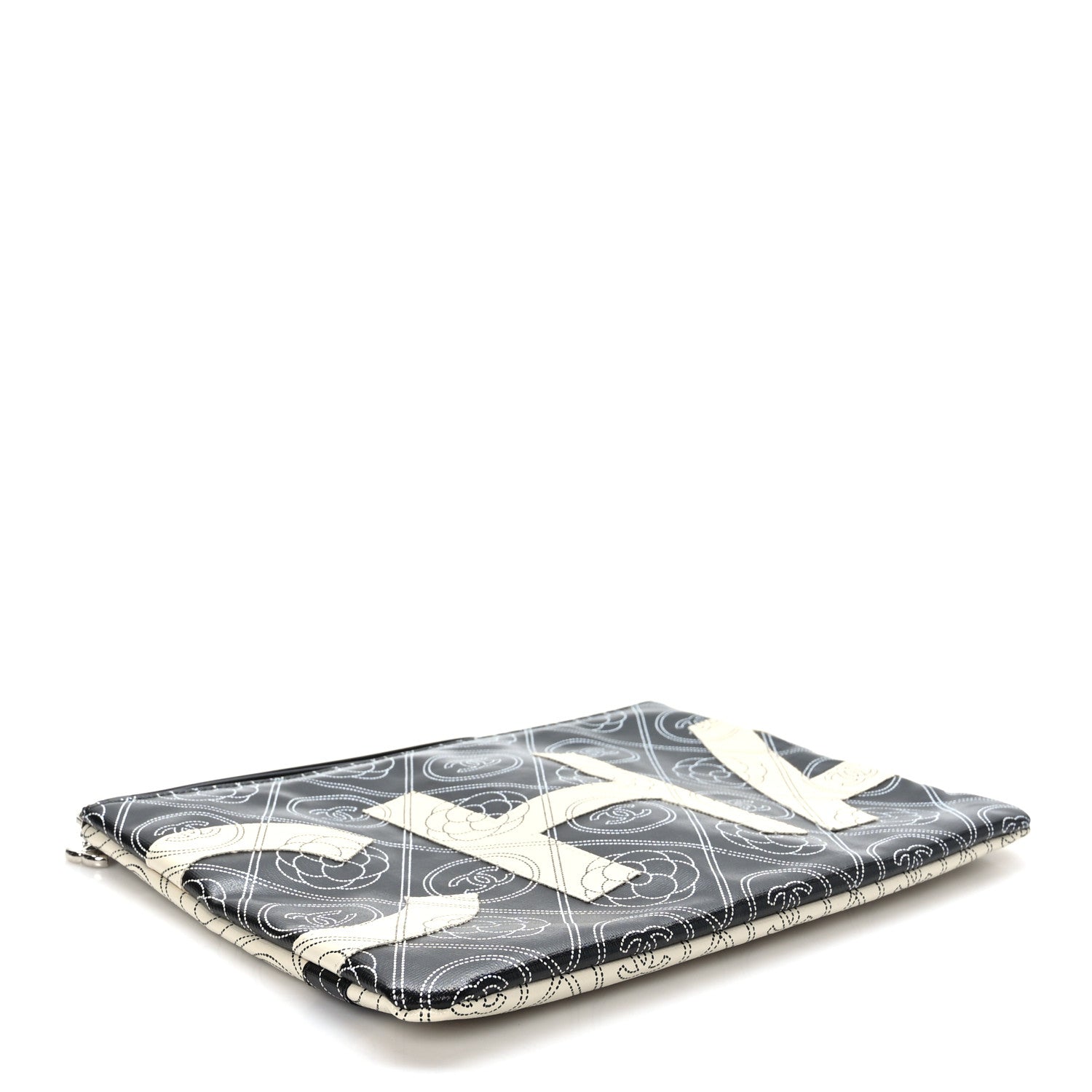 Chanel Coated Canvas Calfskin Camellia Printed Pouch Black Beige 4 of 7