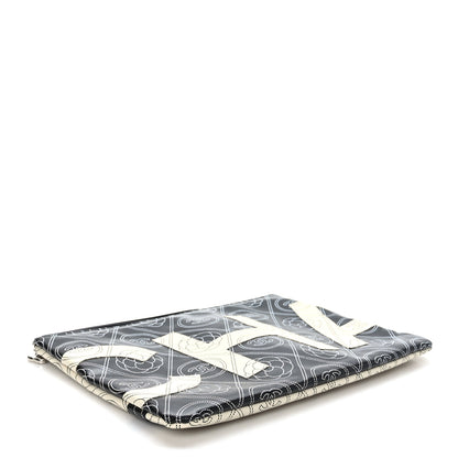 Chanel Coated Canvas Calfskin Camellia Printed Pouch Black Beige 4 of 7