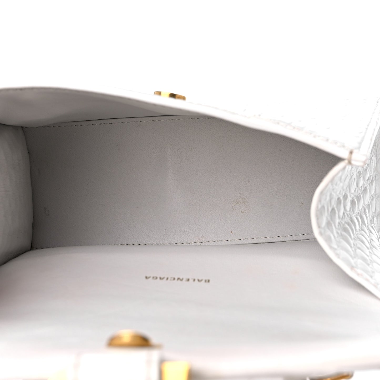Shiny Calfskin Crocodile Embossed Hourglass Top Handle Bag XS White