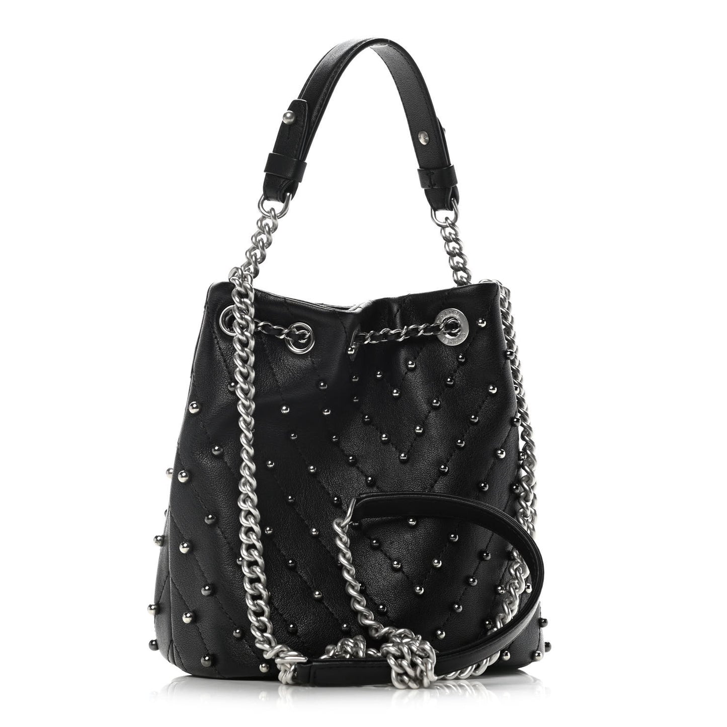 Lambskin Studded Chevron Quilted Small Stud Wars Drawstring Bag Black