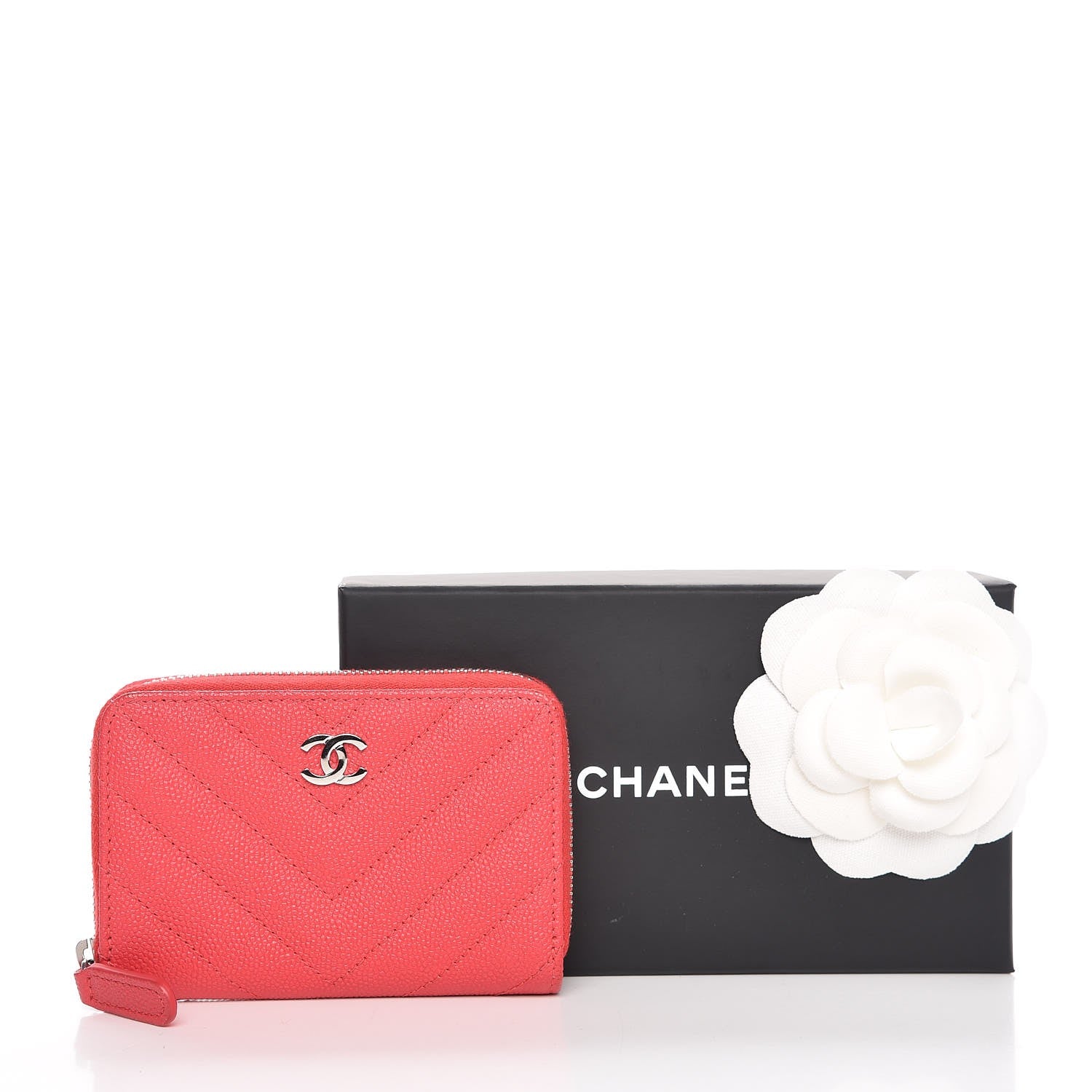 Chanel Caviar Chevron Quilted Zip Coin Purse Light Red 8 of 16