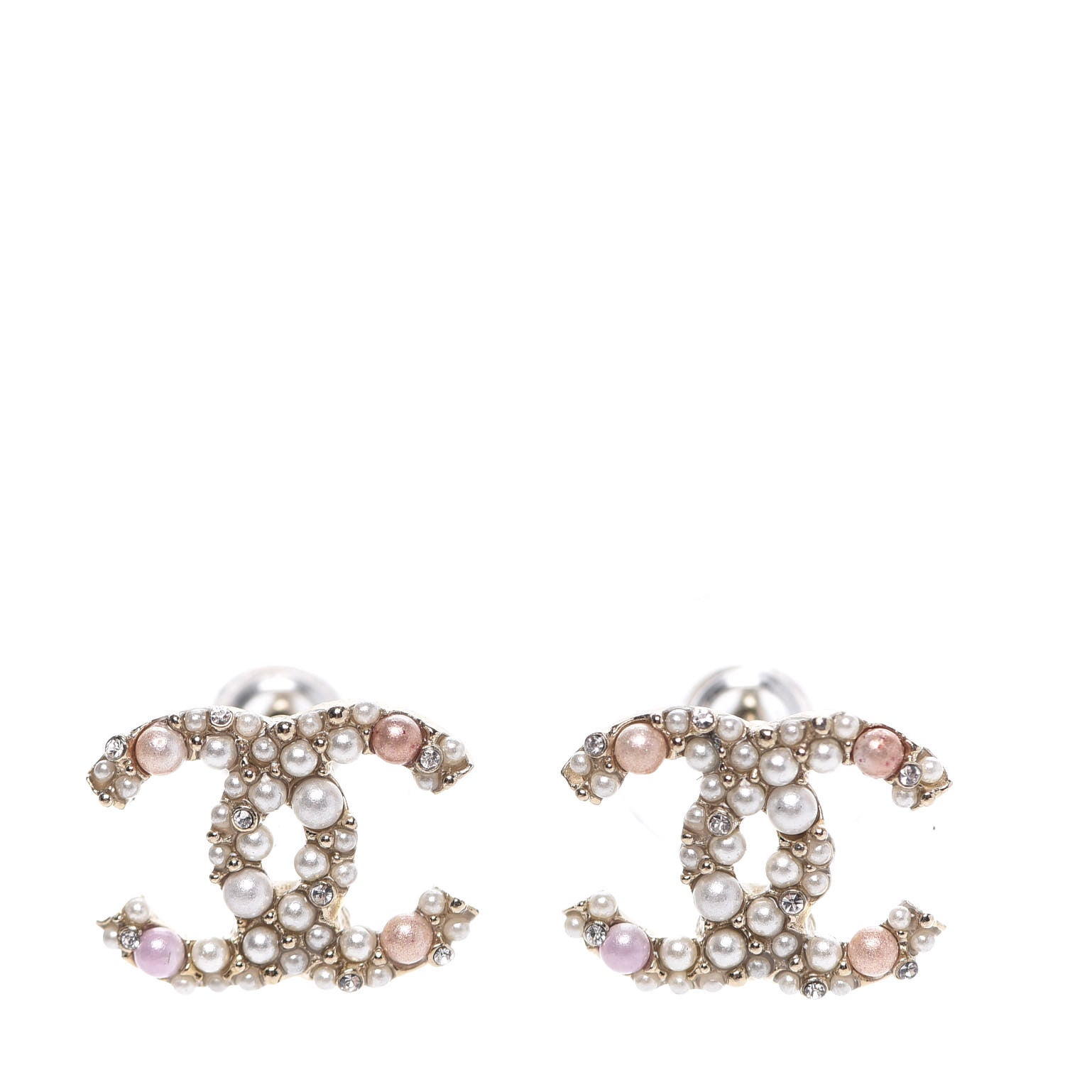 Chanel Pearl Crystal CC Charms Stud Earrings Light Gold Pink 1 of 5