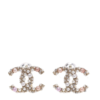 Chanel Pearl Crystal CC Charms Stud Earrings Light Gold Pink 1 of 5