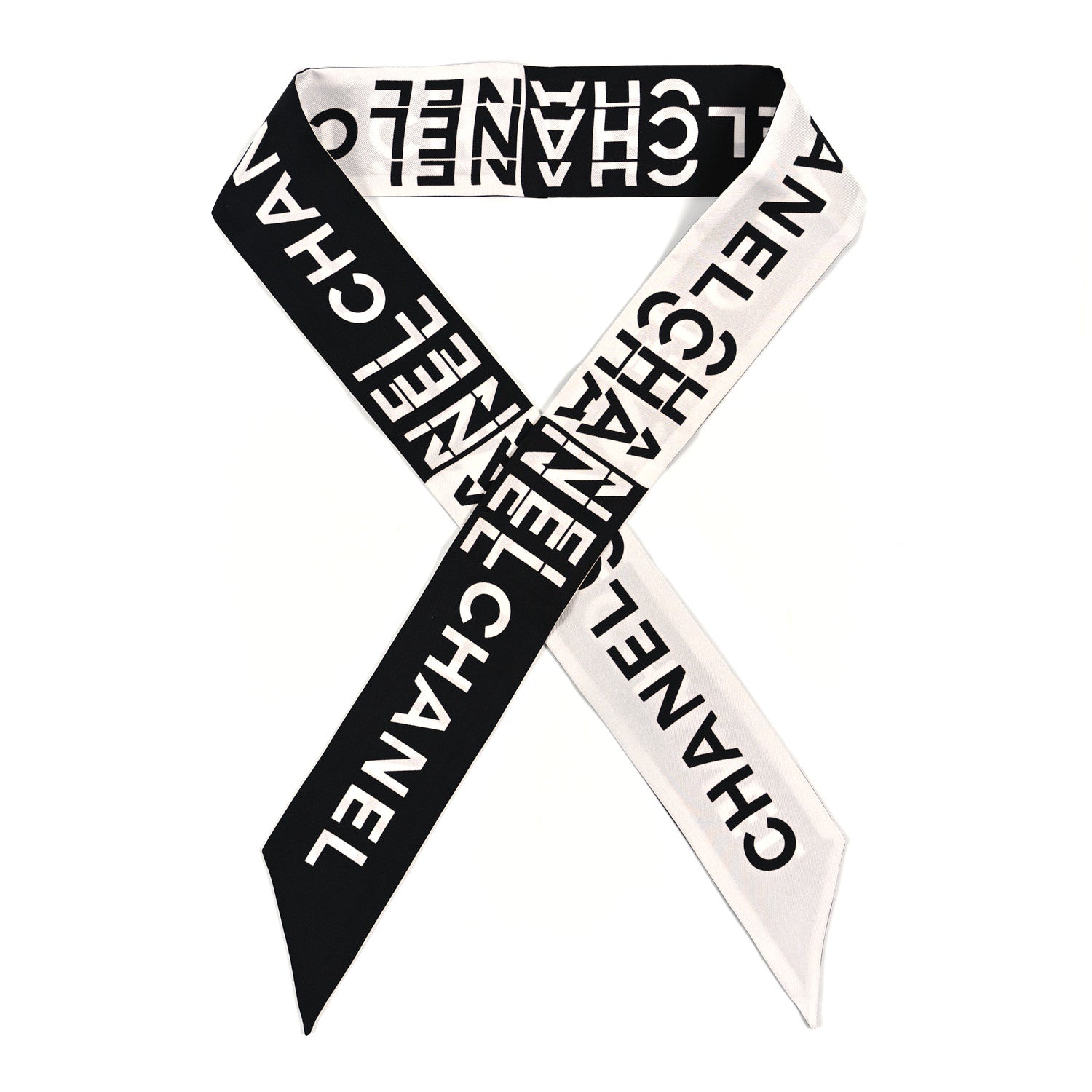 Chanel Silk Logo Slim Bandeau Scarf Black White 1 of 3