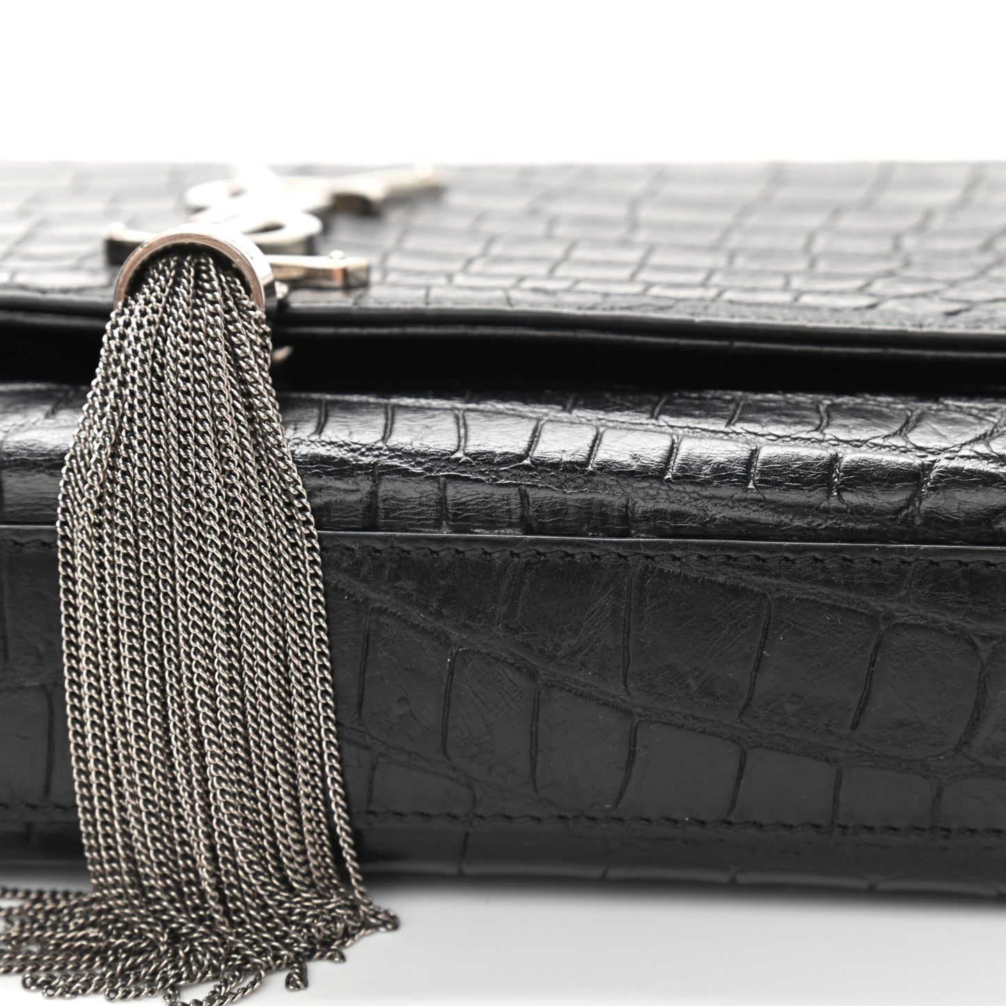 Calfskin Crocodile Embossed Medium Classic Monogram Kate Tassel Satchel Black