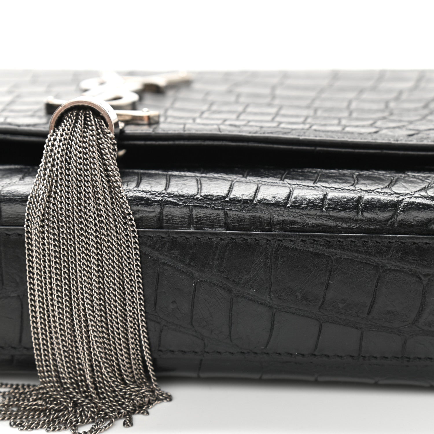 Saint Laurent Calfskin Crocodile Embossed Medium Classic Monogram Kate Tassel Satchel Black 10 of 11