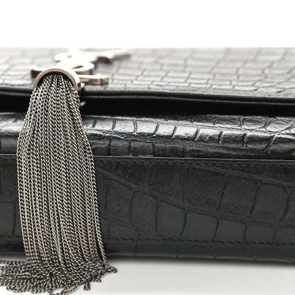 Saint Laurent Calfskin Crocodile Embossed Medium Classic Monogram Kate Tassel Satchel Black 10 of 11