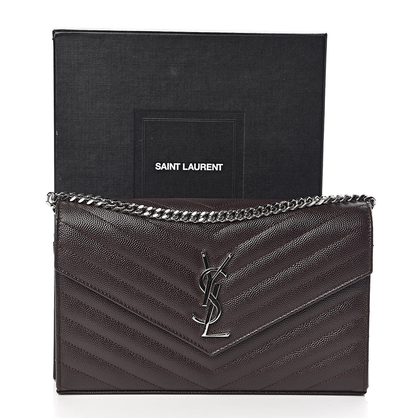 Grain De Poudre Matelasse Chevron Monogram Chain Wallet Dark Brown