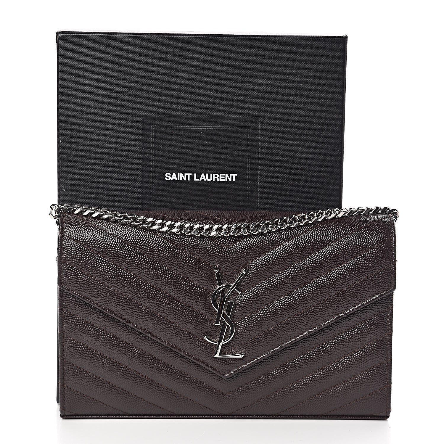Saint Laurent Grain De Poudre Matelasse Chevron Monogram Chain Wallet Dark Brown 11 of 11
