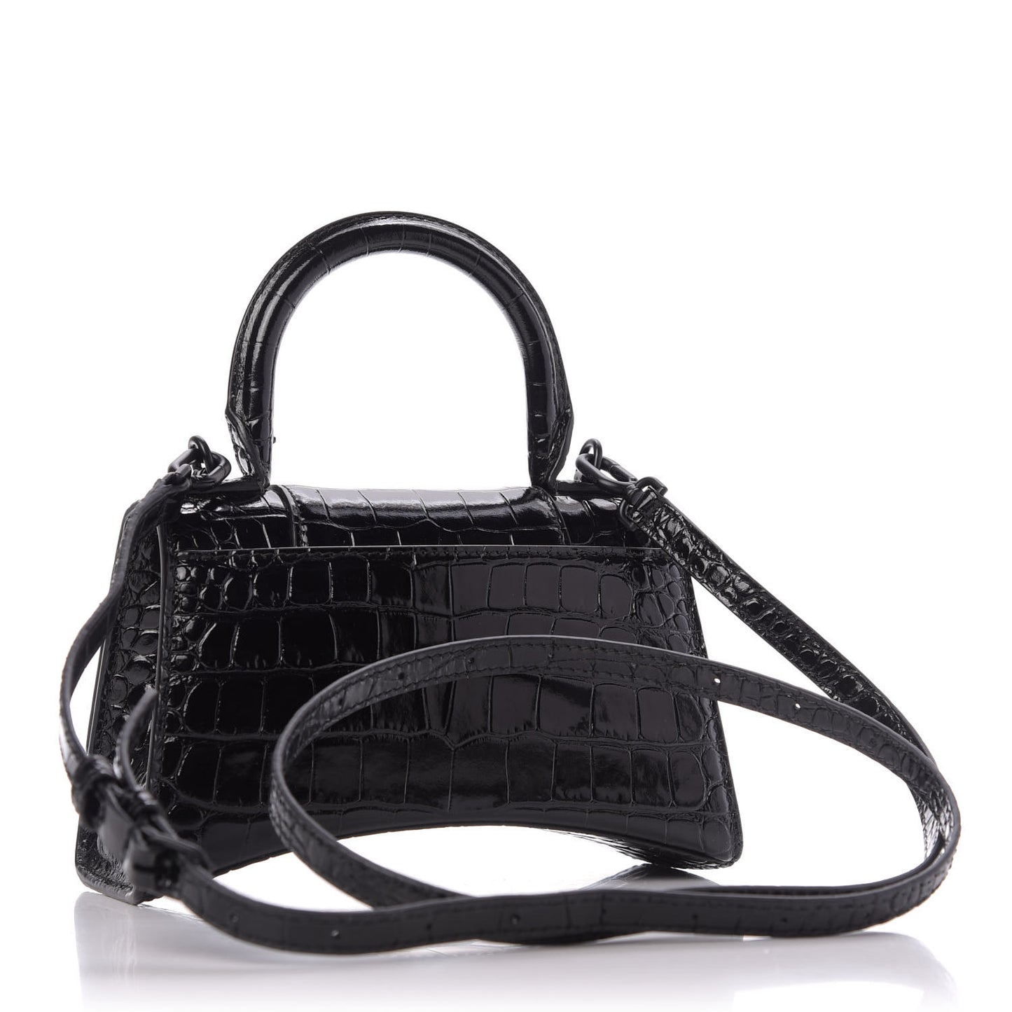 Shiny Calfskin Monochrome Crocodile Embossed Hourglass Top Handle Bag XS Black