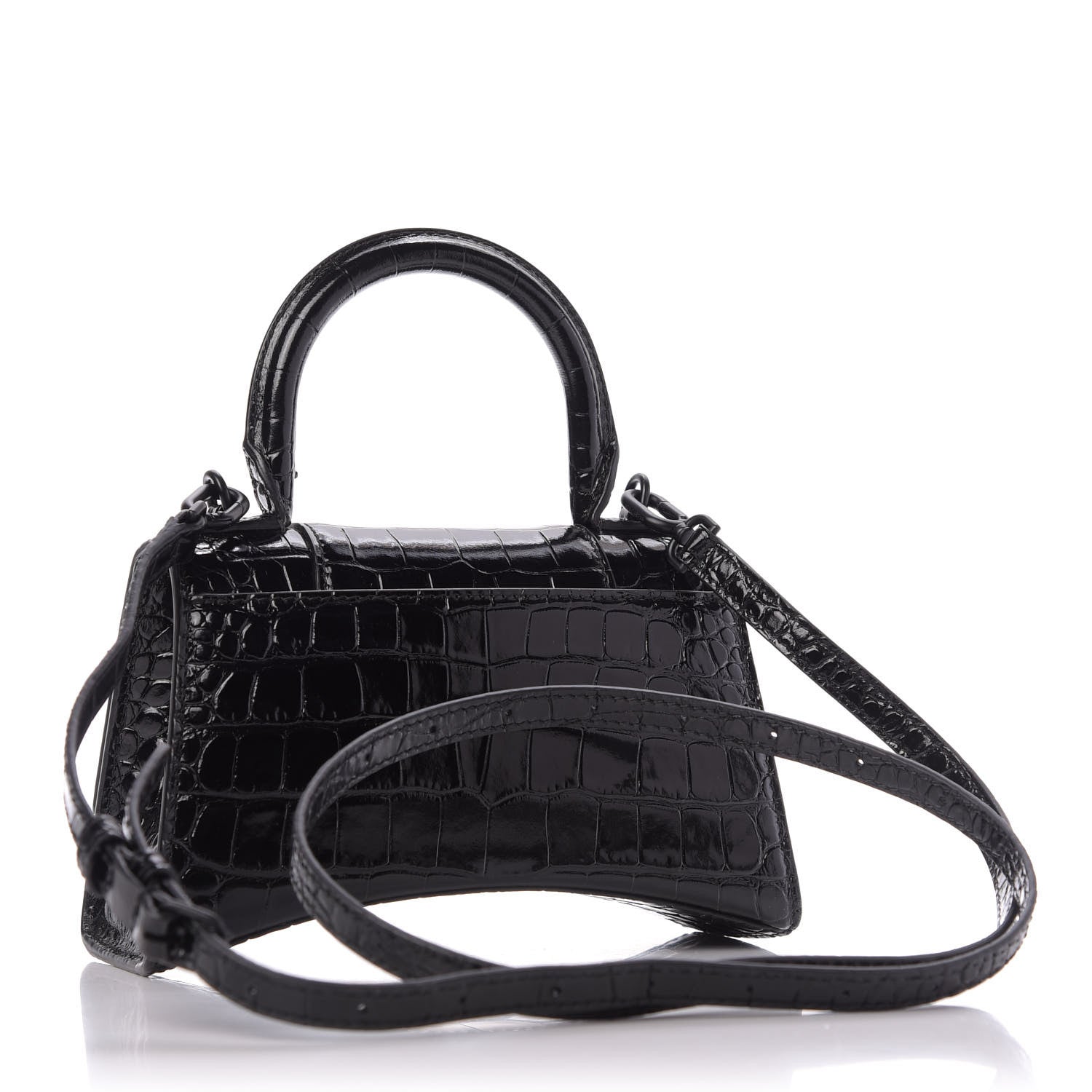 Balenciaga Shiny Calfskin Monochrome Crocodile Embossed Hourglass Top Handle Bag XS Black 4 of 9