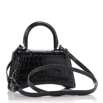 Balenciaga Shiny Calfskin Monochrome Crocodile Embossed Hourglass Top Handle Bag XS Black 4 of 9