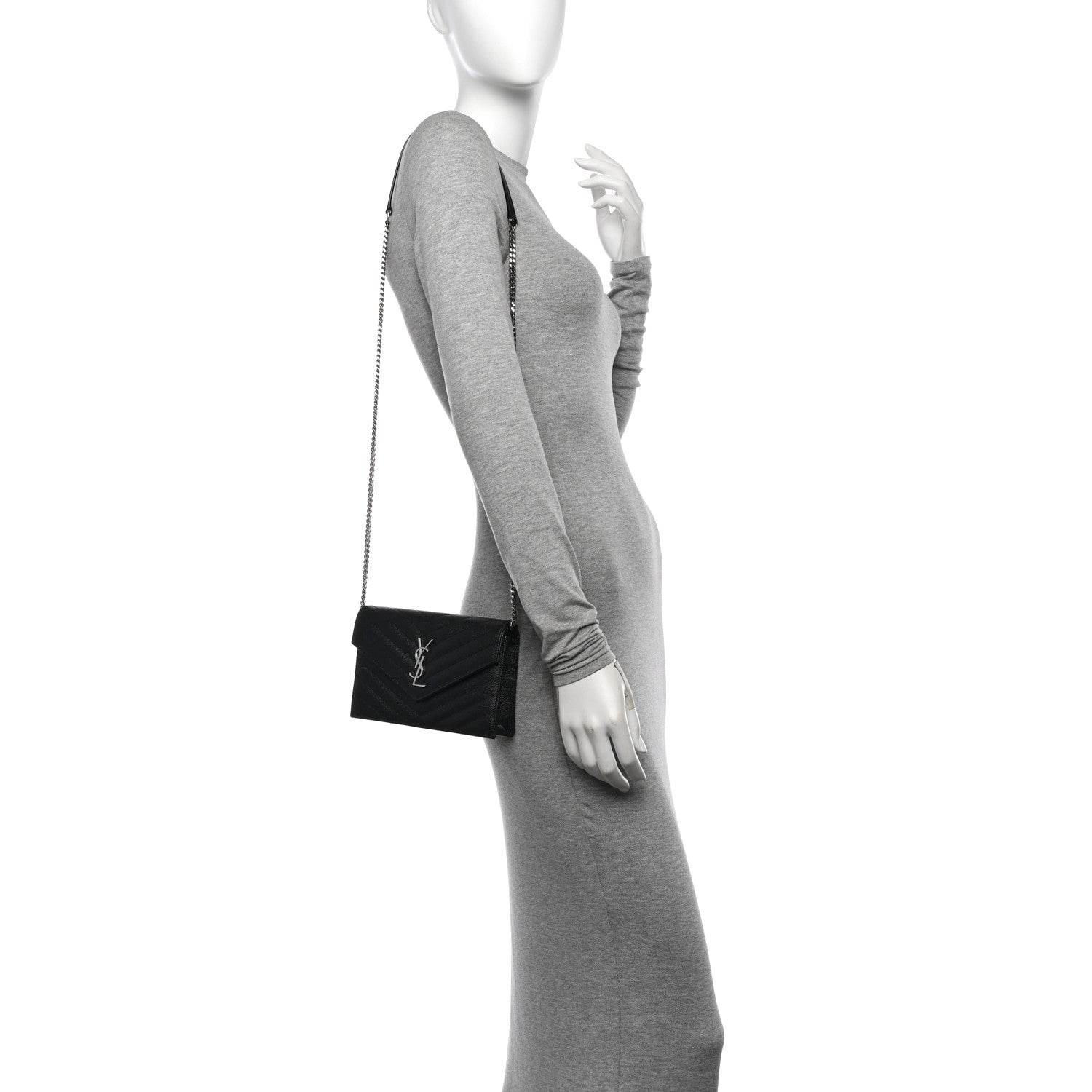 Saint Laurent Grain De Poudre Matelasse Chevron Monogram Envelope Chain Wallet Black 2 of 11