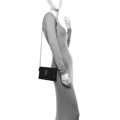 Saint Laurent Grain De Poudre Matelasse Chevron Monogram Envelope Chain Wallet Black 2 of 11