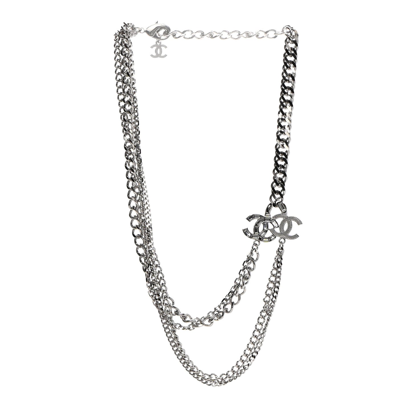 Baguette Crystal CC Multi Strand Long Chain Necklace Silver