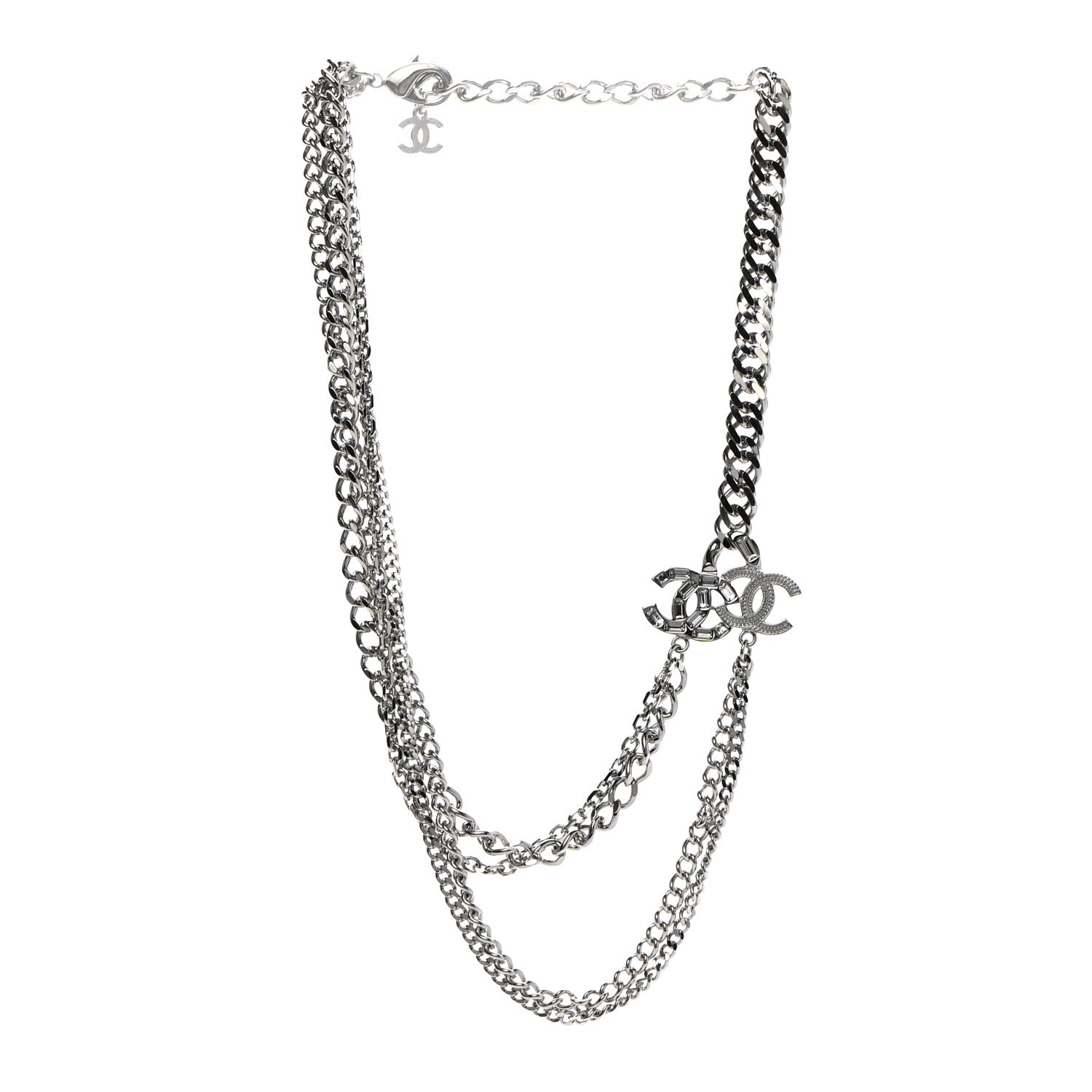 Chanel Baguette Crystal CC Multi Strand Long Chain Necklace Silver 3 of 7