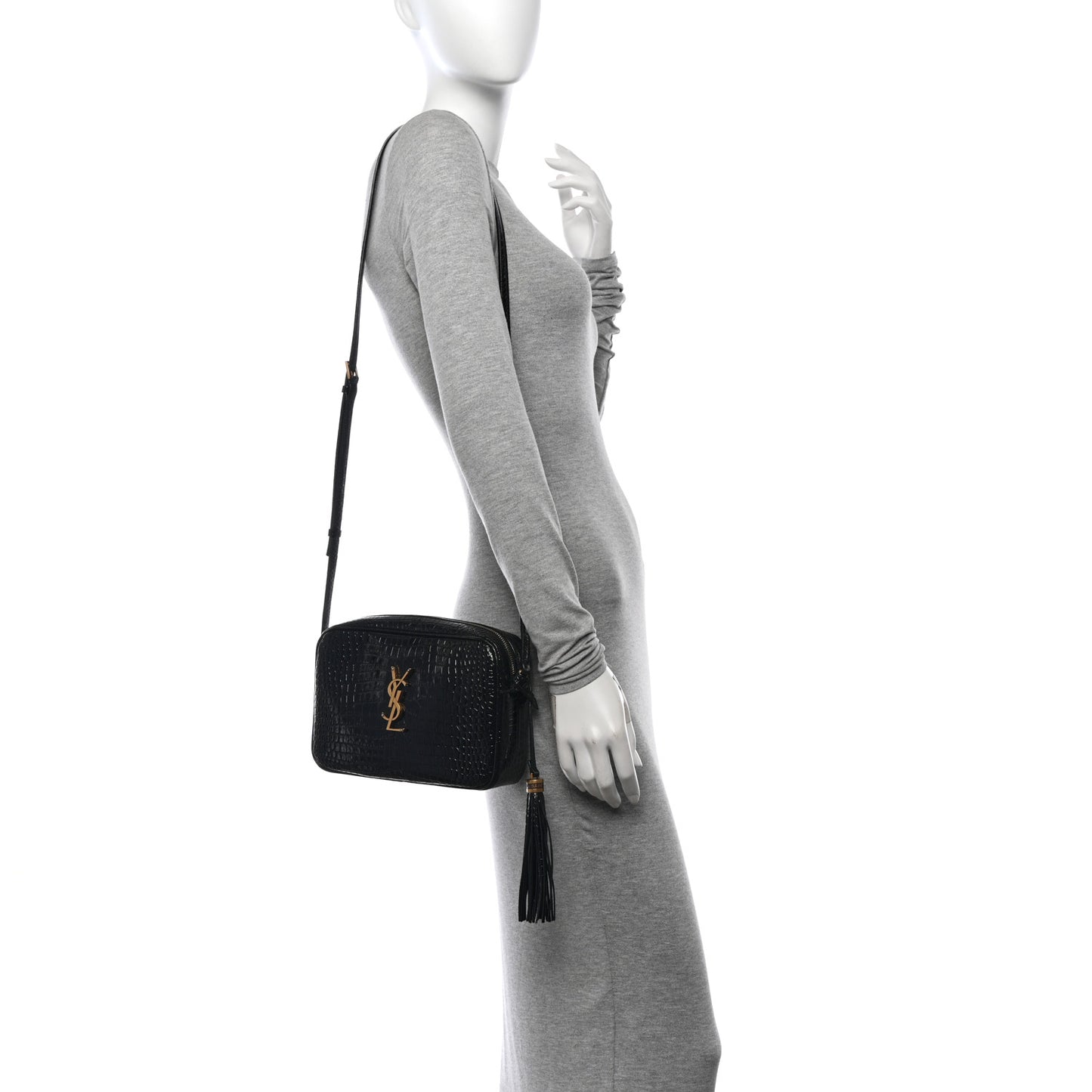Patent Calfskin Crocodile Embossed Monogram Lou Camera Bag Black
